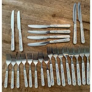 Flatware Stainless White Handle Pink Flowers Blue Farmhouse Cutlery 80’s